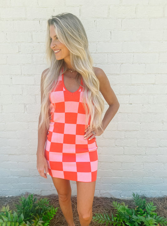 Red and Pink Checkered Dress