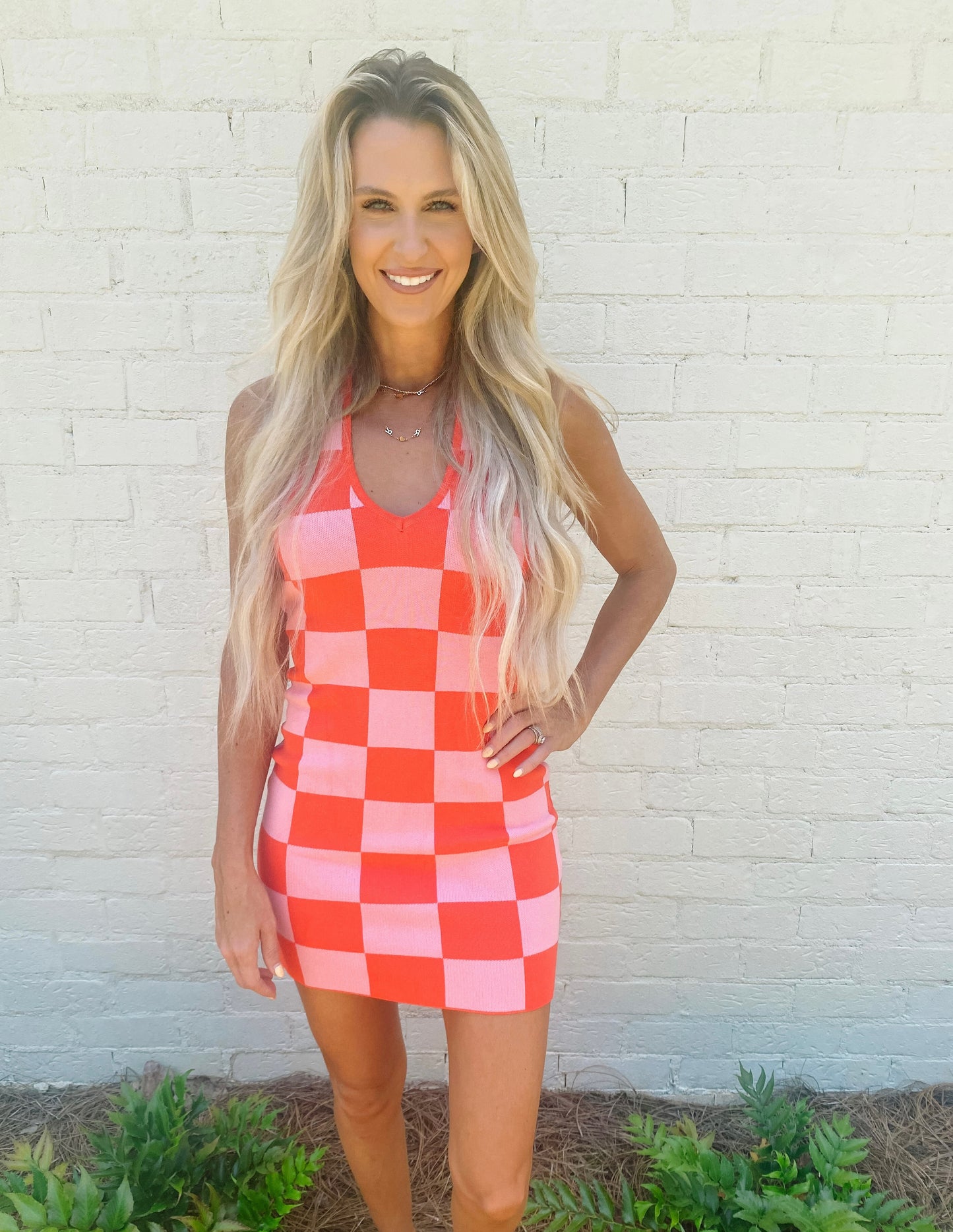 Red and Pink Checkered Dress