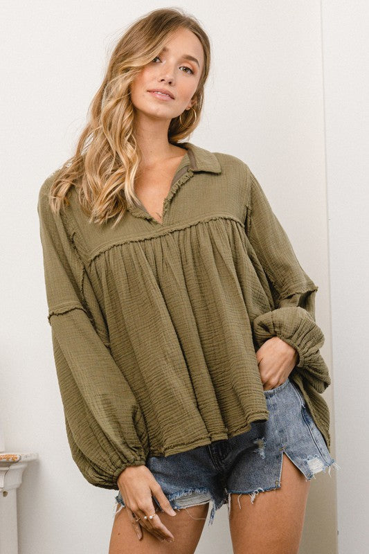 Baby Doll Gauze Fabric Olive Top