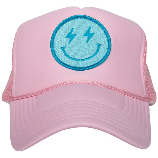Turquoise Lightning Smiley On Pink Hat